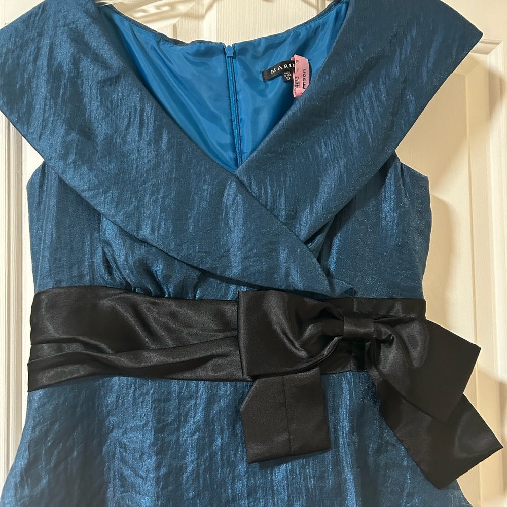 MARINA Deep Ocean Blue Faux Wrap Tiered Dress with Black Bow